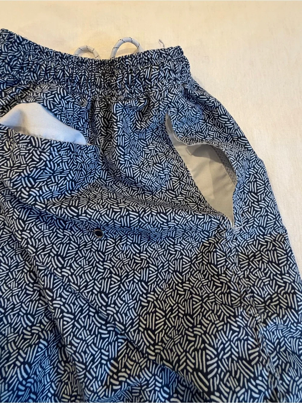 Men's Blue Patterned Swim Trunks with Drawstring Waist